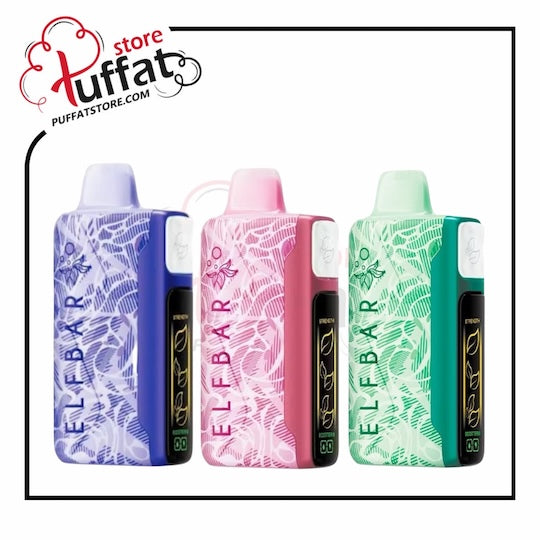 Three colorful vape devices with 'Elfebar' branding on a white background, featuring the Puffat store logo.