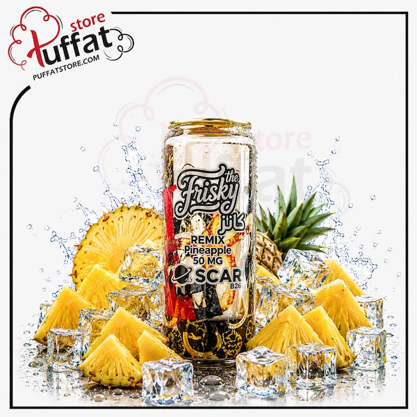 Vape device with pineapple slices and ice cubes on a white background, featuring Tufkat brand.