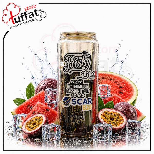 Cylindrical container with watermelon and passion fruit on a white background
