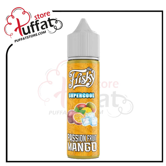 Flisky Supercool Passion Fruit Mango vape juice bottle with Puffat store logo.