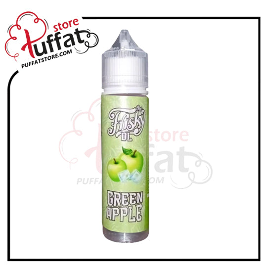 Vape juice bottle labeled 'Green Apple' by Flossy on a white background with 'Puffat' branding.