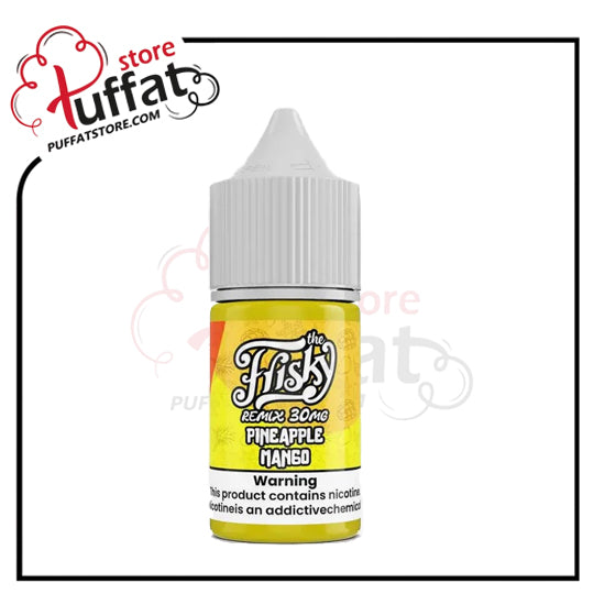 Vape juice bottle with yellow label featuring 'The Flasks' brand on a white background.