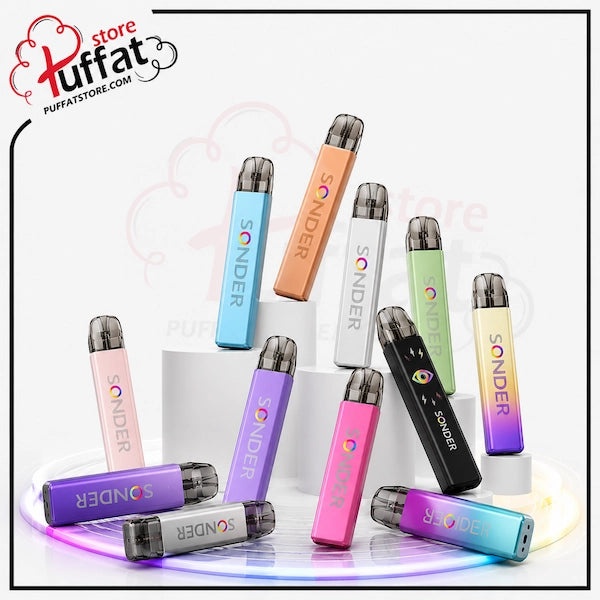 Multiple Sonder disposable vape devices in assorted colors are arranged on white display blocks and a circular glowing base against a white background. The Sonder logo is printed vertically on the devices.