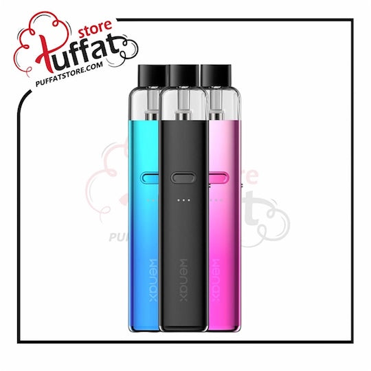 Three vape devices in blue, black, and pink with 'WENOX' branding on a white background. Puffatstore logo at the top left corner.