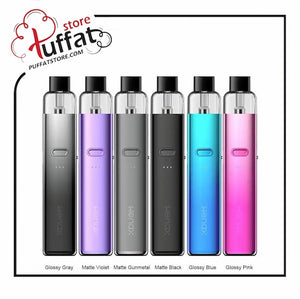 Vaping device in various colors with 'Puffat' branding.