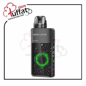 Geekvape device with a green circular design on a white background, featuring the Puffat store logo.