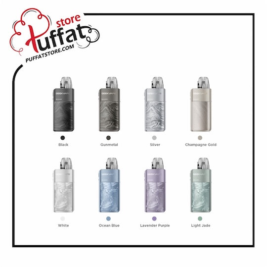Display of vape devices in various colors with Puffat logo at the top.
