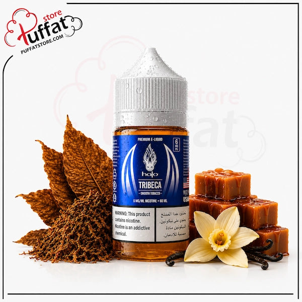 A bottle of Puffat TribecA e-liquid centered on a white background, flanked by brown tobacco leaves, tobacco powder, vanilla bars, and a vanilla flower. The Puffat logo is visible in the top-left corner.