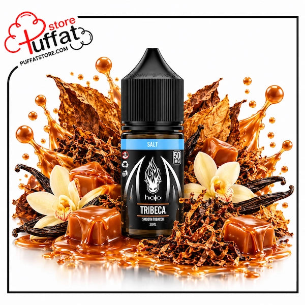 A bottle of holo Tribeca Salt e-liquid centered against a white background, surrounded by flavor-themed graphics including caramel drizzle, tobacco leaves, vanilla flowers, and ice cubes. The holo brand logo is visible on the bottle label, and a Pufffat store watermark appears in the top-left corner.