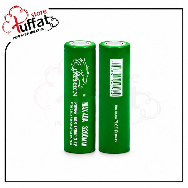 Two green batteries with labels on a white background, featuring the brand 'Puffat'.