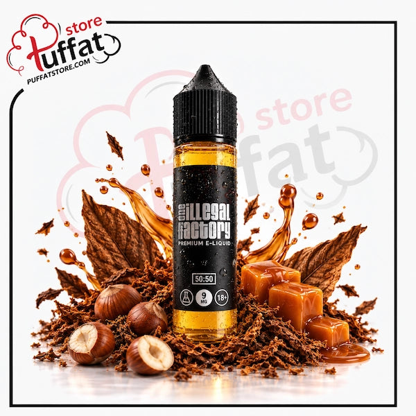 A bottle of Illegal Factory Premium E-Liquid centered on a white background, surrounded by caramel drizzle, caramel cubes, hazelnuts, and brown leaf-like pieces. The bottle label reads 'ILLEGAL FACTORY' and 'PREMIUM E-LIQUID' with '50ml' and '10ml' markings.