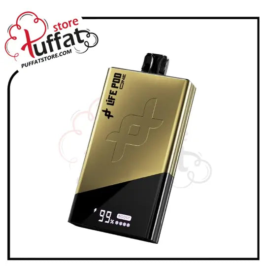 Gold and black electronic device with digital display on a white background, branded 'Puffat'.