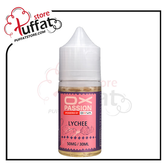 Vape juice bottle with pink label featuring 'OX Passion Lychee' on a white background.