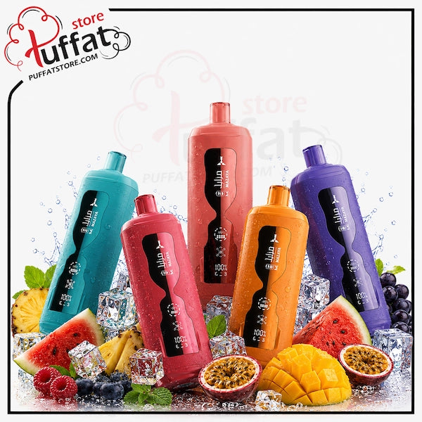Colorful bottles with fruit and ice on a white background, featuring the Puffat Store logo.
