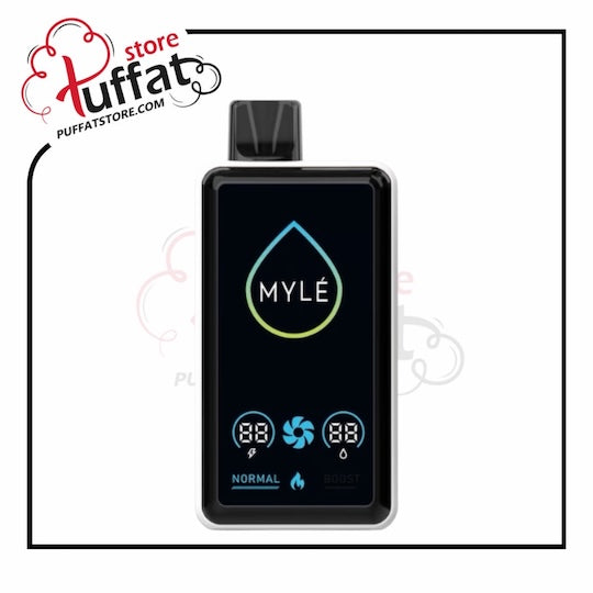 MYLE vaping device with digital display on a white background, branded with Puffat store.