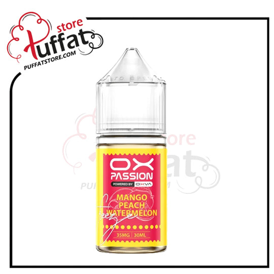 Vape juice bottle with yellow label featuring 'OX Passion' flavor on a white background.