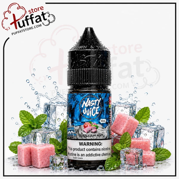 A bottle of Nasty Juice e-liquid in the Persianah Mint flavor, presented on a white background with ice cubes, pink gummy candies, and mint leaves. A 'store puffat' watermark is visible in the top left corner.