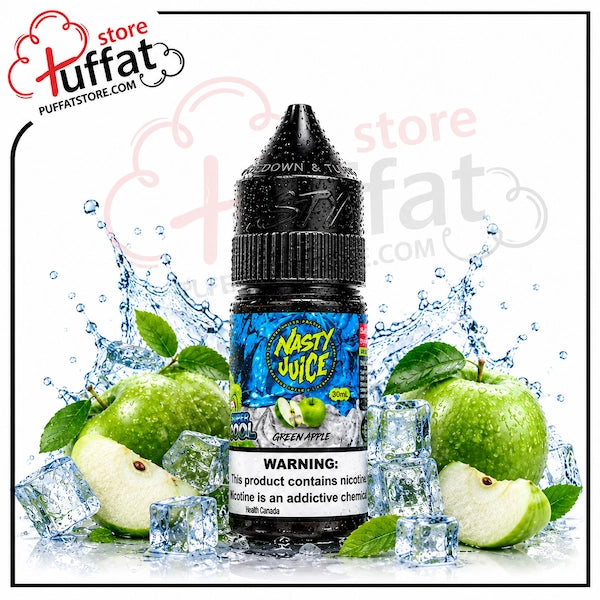 A bottle of Nasty Juice Green Apple e-liquid centered on a white background, surrounded by green apples, ice cubes, and water splashes. The bottle has a black cap and a blue/yellow label.