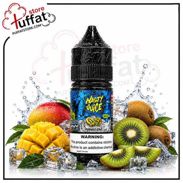 A bottle of Nasty Juice e-liquid in Mango Custard flavor, styled with fresh fruit (mango, kiwi, papaya) and ice cubes on a white background with water splashes. The brand logo 'Tuffat' is visible in the top left corner.
