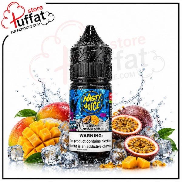 A bottle of Nasty Juice Passion Fruit e-liquid centered on a white background, surrounded by illustrated fruit slices, cubes, ice cubes, and water splashes. The bottle label reads 'Nasty Juice' and 'Passion Fruit'.