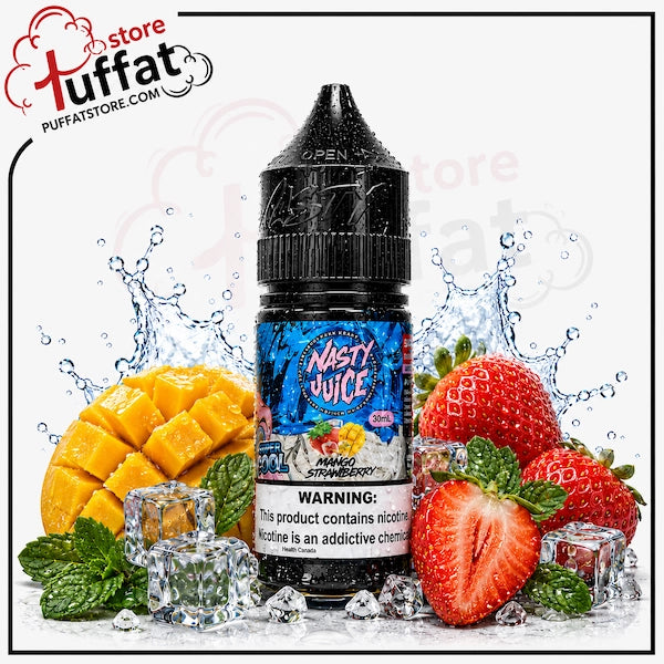 A bottle of Nasty Juice Mango Strawberry e-liquid centered on a white background, surrounded by fresh strawberries, a sliced strawberry, a mango, mint leaves, and ice cubes with water splashes. A large 'store puffat' watermark/logo appears in the top-left corner.