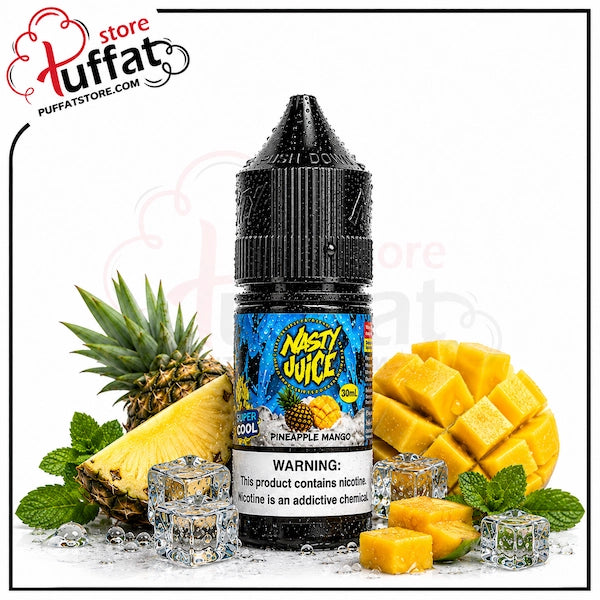A bottle of Nasty Juice Pineapple Mango e-liquid centered on a white background, surrounded by fresh pineapple slices, mango cubes, mint leaves, and ice cubes. The bottle is black with a colorful blue, yellow, and orange label.