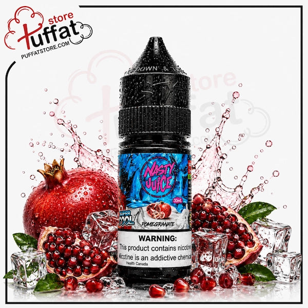 A bottle of Nasty Juice e-liquid in the Pomegranate flavor, surrounded by fresh pomegranates, ice cubes, and red liquid splashes on a white background. The Puffat Store logo is visible in the top left corner.