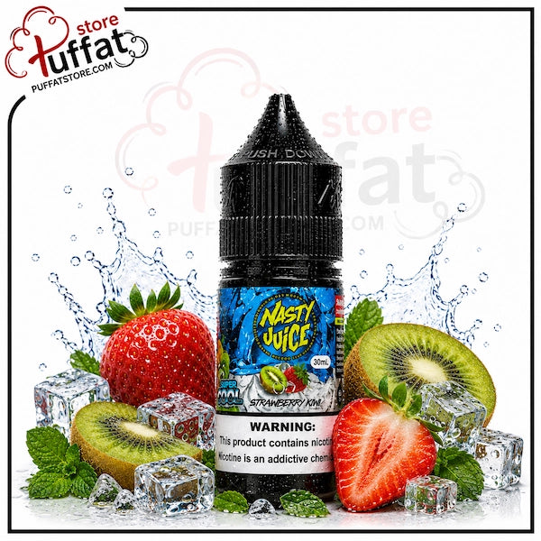 A bottle of Nasty Juice e-liquid, Strawberry 180ml, centered against a white background with water splashes, ice cubes, strawberries, kiwi slices, and mint leaves. The brand logo 'Puffat Store' is visible in the top left corner.