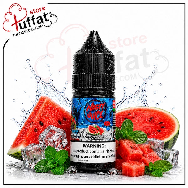 A bottle of watermelon-flavored e-liquid by Puffat Vapes is centered against a white background with watermelon slices, ice cubes, mint leaves, and a dynamic splash graphic. The bottle has a black cap and a blue label with red and white graphics.