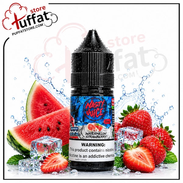 A bottle of Nasty Voice Watermelon Strawberry e-liquid centered on a white background, surrounded by watermelon slices, strawberries, ice cubes, and water splashes. The Puffat Store logo is visible in the top left corner.