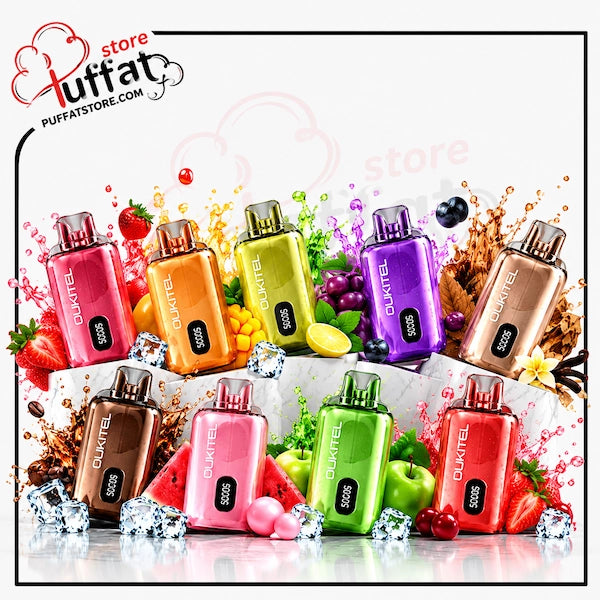 Eight colorful QUINTEL disposable vape devices arranged in two rows on white display blocks, surrounded by fruit slices, berries, ice cubes, and colorful liquid splashes. The top-left corner shows a 'store puffatstore.