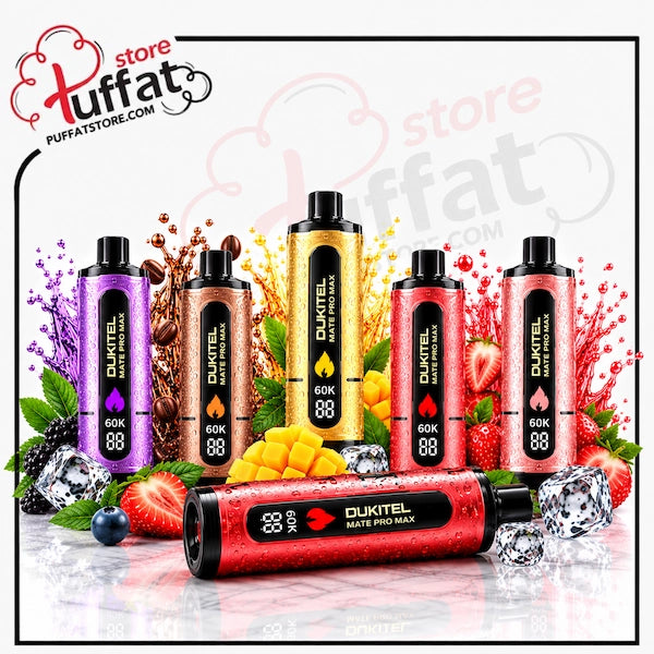 Six OUKTEL Mate Pro Max disposable vape devices in assorted colors (purple, bronze, gold, red, pink) arranged with fruit, ice, and coffee splash props on a white background with a Huffat store watermark.
