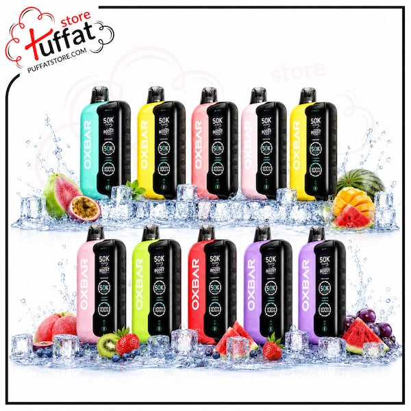 Multiple OXBAR vape devices with colorful packaging on a white background, surrounded by ice and fruits.