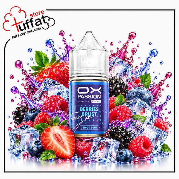 A 30ml bottle of Passion Powdered by Puffat e-liquid, flavor 'Berries Brust', centered against a white background with a vibrant splash of strawberries, raspberries, blackberries, blueberries, ice cubes, and purple liquid splashes. The Puffat store logo is visible in the top-left corner.