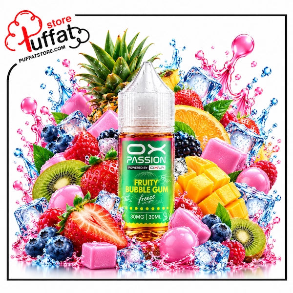 Unleash a whirlwind of sweet flavor with **OX PASSION Fruity Bubble Gum Freeze**, now available at **Puffat Store**—a vibrant mix of juicy assorted fruits infused into classic sweet bubblegum, finished with an icy arctic rush for a playful, deeply satisfying all-day salt nic vape.