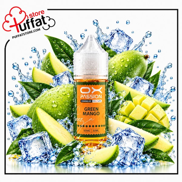 Awaken your senses with the sharp, invigorating chill of **OX PASSION Green Mango Freeze**, now available at **Puffat Store**—a crisp fusion of tangy green mango slices paired with a bone-chilling menthol blast for an electrifying, ultra-refreshing all-day salt nic vape.