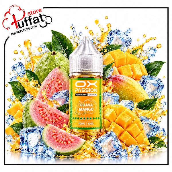Experience a pure tropical rush with **OX PASSION Guava Mango Freeze**, now available at **Puffat Store**—a mouthwatering blend of fragrant pink guava and luscious ripe mango slices, crowned with a frosty arctic chill for an intensely smooth, all-day salt nic satisfaction.