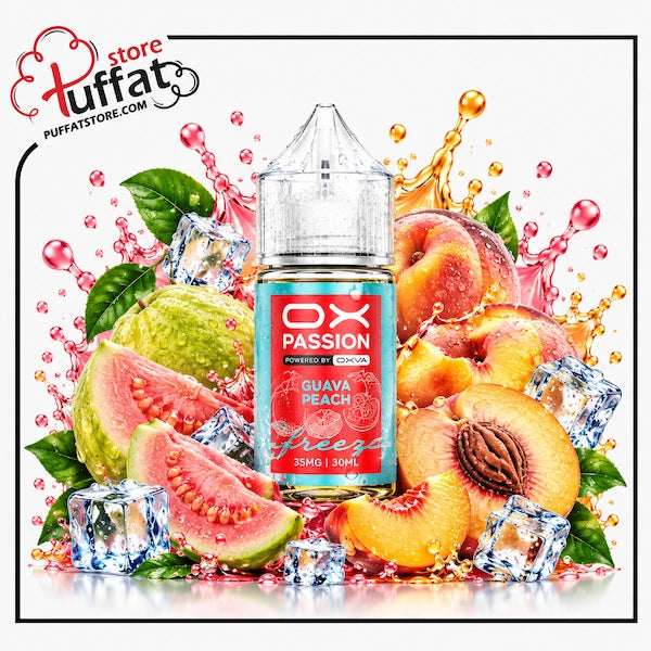 A bottle of OX Passion e-liquid flavoring, Guava Peach, surrounded by fresh fruit slices, peaches, guavas, ice cubes, and colorful liquid splashes on a white background with a Puffat store logo in the top left corner.