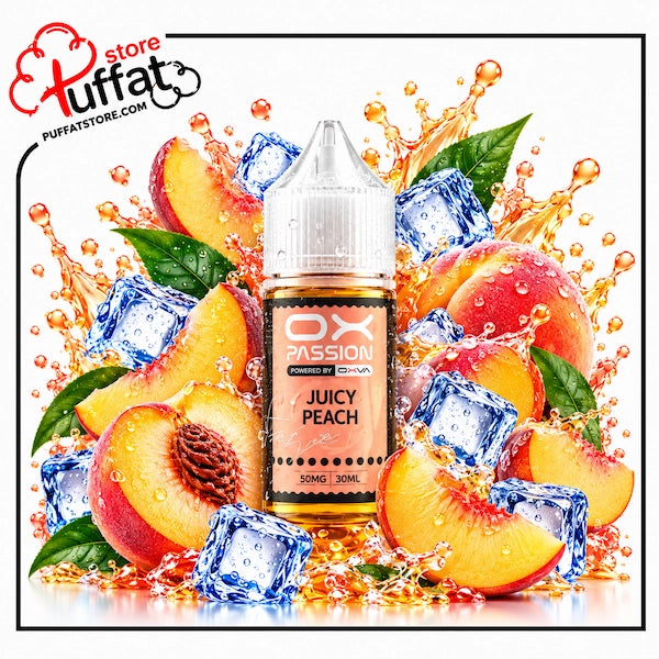 Savor the taste of summer with **OX PASSION Juicy Peach Freeze**, now available at **Puffat Store**—a sweet explosion of ripe, succulent orchard peaches blended with a frosty arctic chill for a silky-smooth, deeply satisfying salt nic experience with every puff.