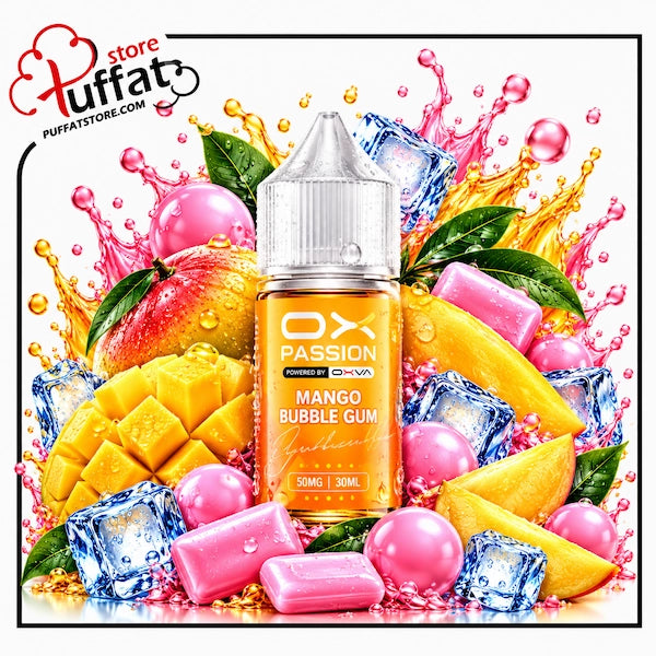 Indulge in a tropical, icy twist with **OX PASSION Mango Bubble Gum**, now available at **Puffat Store**—a mouthwatering blend of juicy mango slices and sweet bubblegum, finished with an ultra-refreshing icy chill for the ultimate all-day salt nic satisfaction.