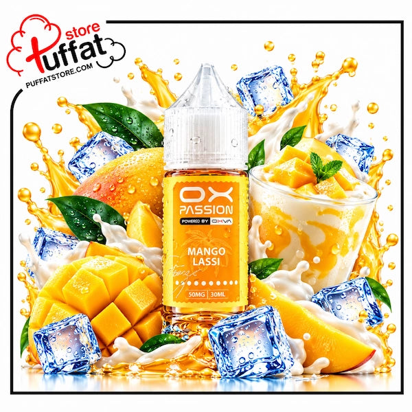 Treat yourself to a velvety tropical escape with **OX PASSION Mango Lassi Freeze**, now available at **Puffat Store**—a smooth, luscious fusion of sweet sun-ripened mangoes and creamy chilled yogurt, topped with a crisp icy exhale for the ultimate balanced salt nic indulgence.
