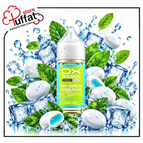 Experience an intensely cool rush with **OX PASSION Mint-Mentos Bubblegum Freeze**, now available at **Puffat Store**—a crisp fusion of sweet chewy bubblegum and icy Mentos mint, packed with an arctic blast for the ultimate refreshing, all-day salt nic satisfaction.