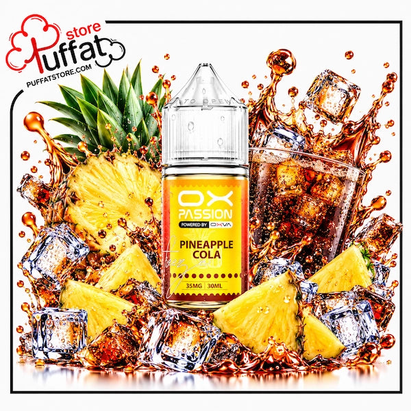 A bottle of OX Passion Pineapple Cola e-liquid centered against a dynamic graphic background of pineapple slices, ice cubes, and a glass of cola with a liquid splash. The OX Passion brand logo is clearly visible on the bottle label.