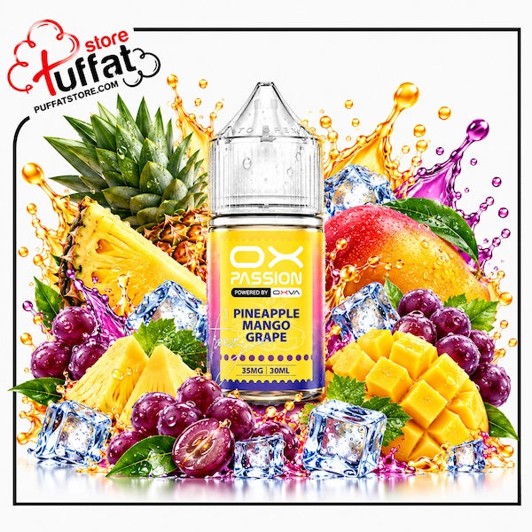 A bottle of OX PASSION Pineapple Mango Grape e-liquid centered against a dynamic splash background filled with pineapple, mango, grapes, ice cubes, and syrup. The bottle label is yellow and blue, and the background is highly saturated with fruit and liquid splashes.