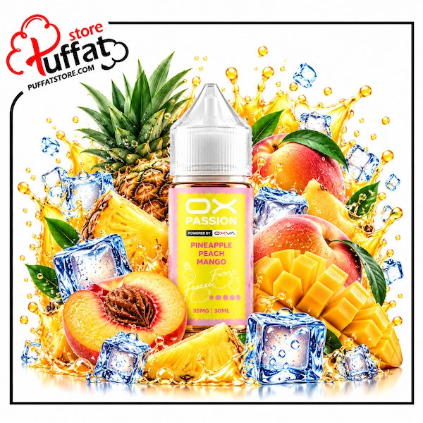 Escape to an exotic paradise with **OX PASSION Pineapple Peach Mango Freeze**, now available at **Puffat Store**—a luscious blend of tangy golden pineapple, succulent sweet peach, and ripe tropical mango, layered with an ultra-crisp icy exhale for an unforgettable all-day salt nic satisfaction.