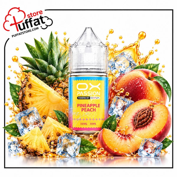 A bottle of OX Passion e-liquid in Pineapple Peach flavor, surrounded by fresh pineapple slices, whole and sliced peaches, green leaves, and ice cubes on a white background with a gold splash graphic. A 'store puffat' watermark is visible in the top left corner.