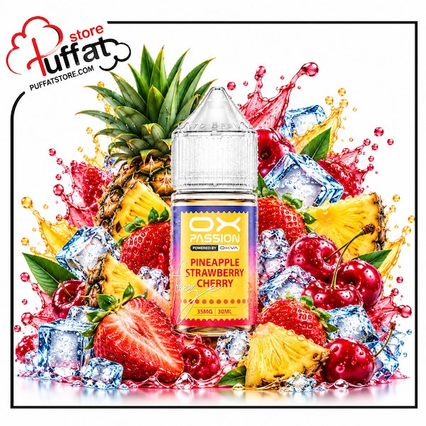 Ignite your taste buds with **OX PASSION Pineapple Strawberry Cherry Freeze**, now available at **Puffat Store**—a mouthwatering blend of zesty pineapple, ripe garden strawberries, and rich sweet cherries, finished with a frosty sub-zero exhale for an ultra-refreshing, all-day salt nic experience.