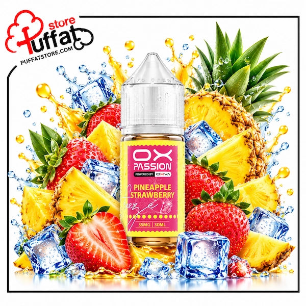 Dive into a vibrant tropical paradise with **OX PASSION Pineapple Strawberry Freeze**, now available at **Puffat Store**—a tantalizing blend of juicy golden pineapples and sweet, sun-ripened strawberries, wrapped in an icy menthol rush for a crisp, exhilarating all-day salt nic satisfaction.