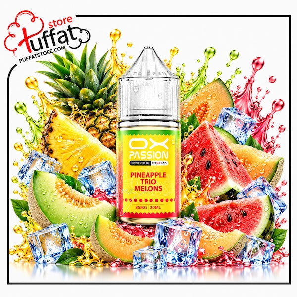 A bottle of OX Passion Poweried EE cannabis e-liquid in the Pineapple Trio Melons flavor, surrounded by fresh pineapple, watermelon, cantaloupe, ice cubes, and colorful liquid splashes on a white background with a Puffat store logo in the top left.