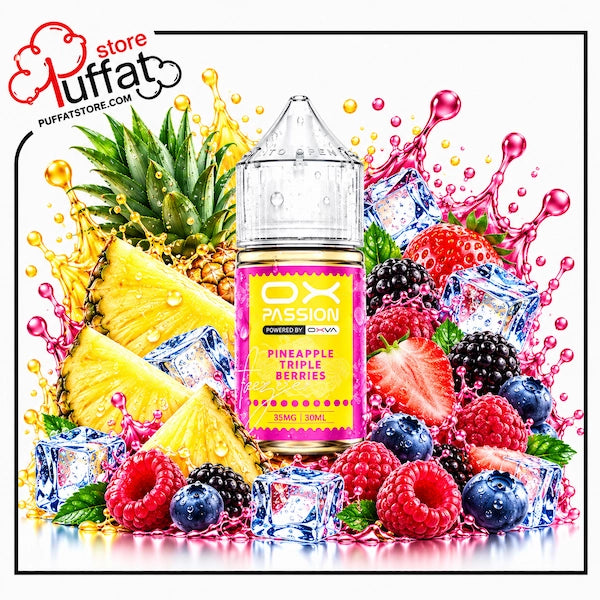A bottle of OX Passion Power Ice e-liquid in Pineapple Triple Berries flavor, surrounded by fresh pineapple, strawberries, raspberries, blueberries, blackberries, ice cubes, and colorful liquid splashes on a white background. A 'store puffat' watermark is visible in the top-left corner.